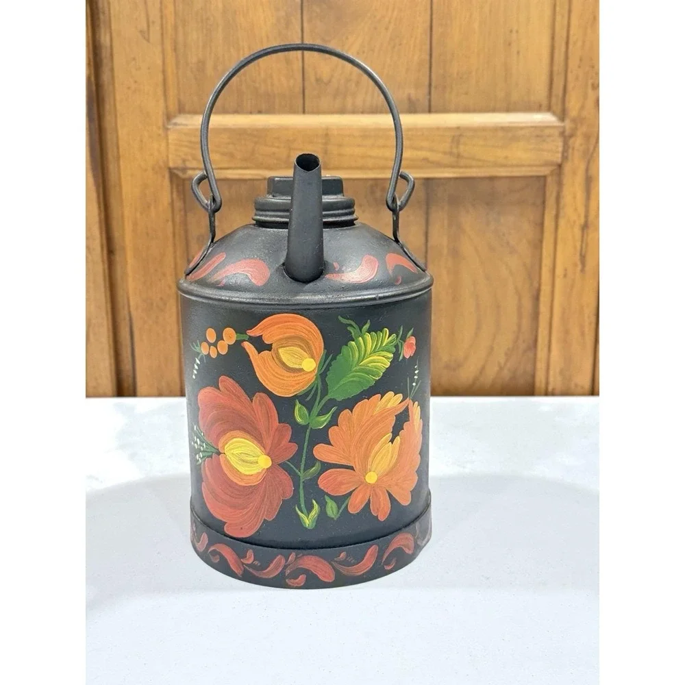 Vintage Dutch Folk Art Hand Painted Metal Can Vibrant Floral Motif On Black